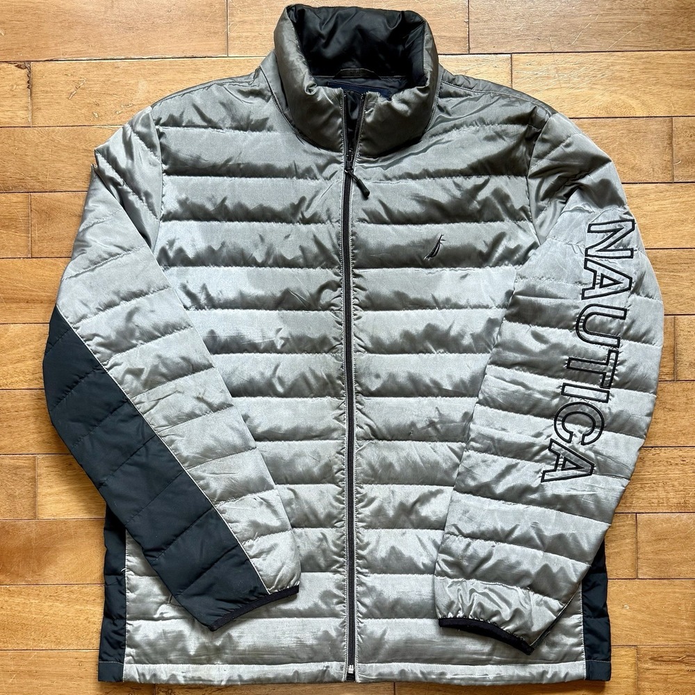Nautica Lightweight Quilted Puffer Goose Down Filled Jacket Silver Coat Men CL